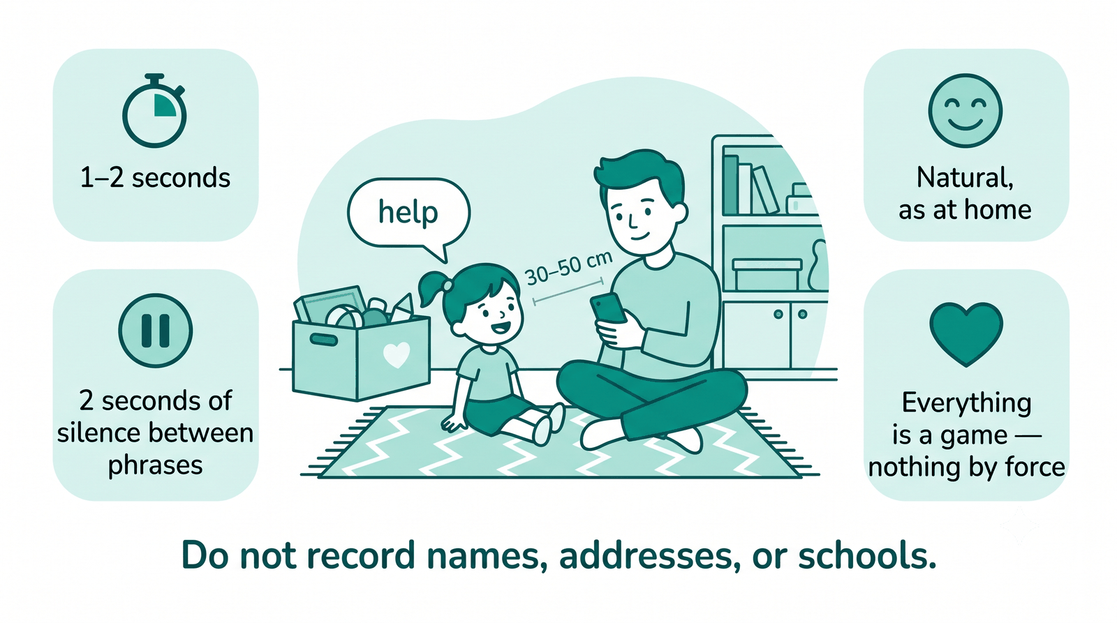 How to record with a child: phone 30–50 cm away, 1–2 s clips, 2 s pauses, natural, everything is a game